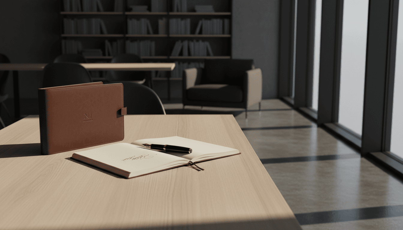 Minimalist professional workspace with portfolio and refined furnishings