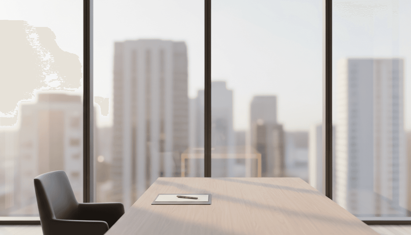 Minimalist consultancy office with natural light and refined furnishings