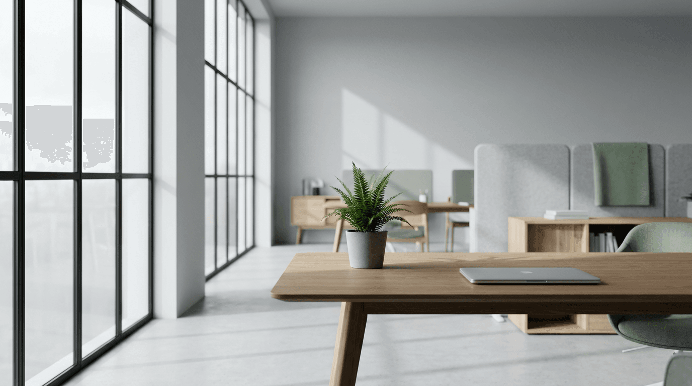 Minimalist consultancy workspace with natural light and refined professional design