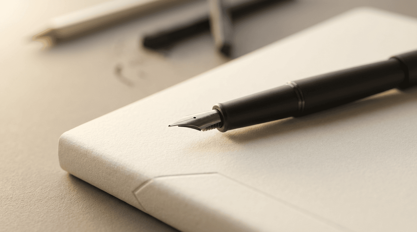 Minimalist workspace with journal and pen