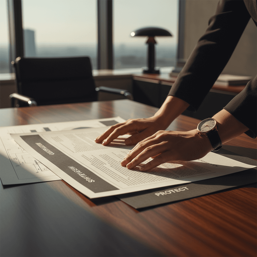 Consultant reviewing strategic notes with refined precision