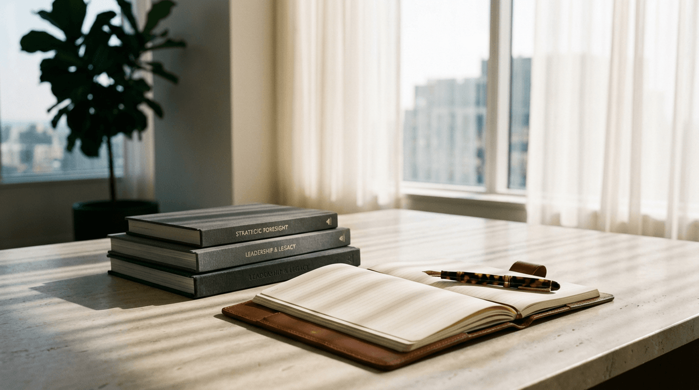 Elegant workspace with open portfolio and fountain pen on charcoal desk with soft natural lighting