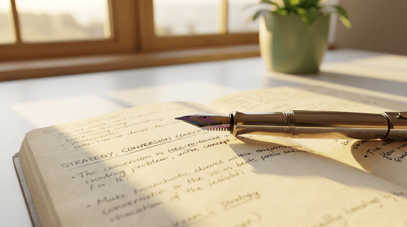 Open notebook and pen on a refined workspace, representing strategic planning and professional excellence