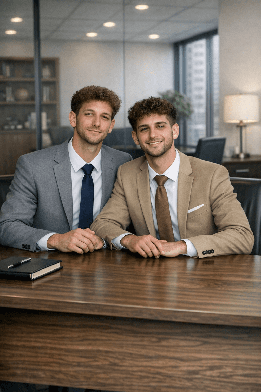Two young men with curly hair in suits sitting at a desk in an office.