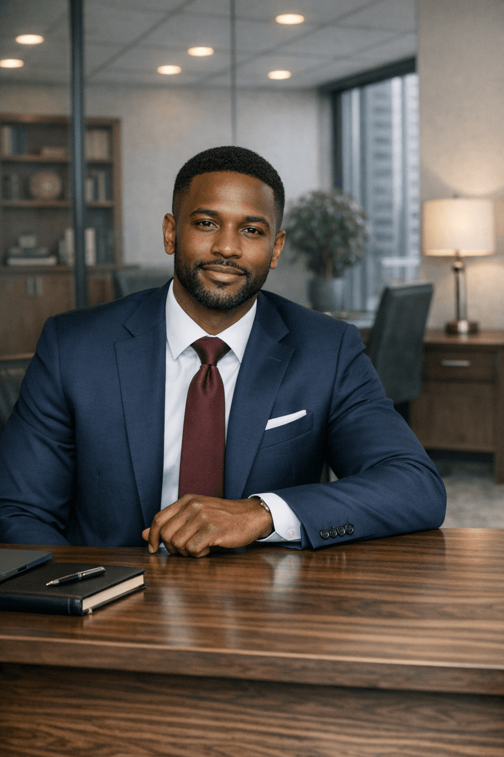 Professional Black man in a navy suit and burgundy tie sitting at a wooden office desk.