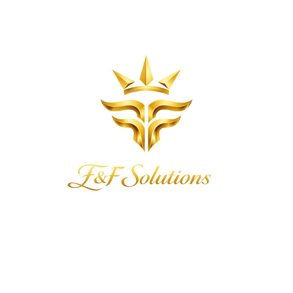 Golden F&F Solutions logo featuring a crowned symmetrical emblem and elegant script text.